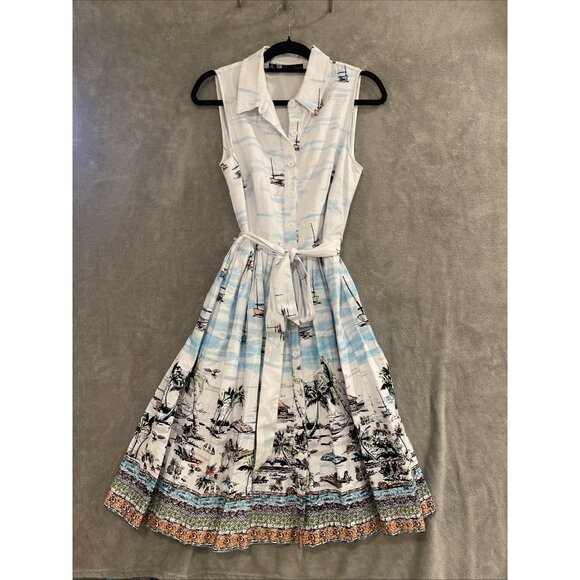 LF LESLIE FAY RETRO WATER COLOR ISLAND PRINT SLEEVELESS SHIRT DRESS WOMEN SZ 10 - Picture 1 of 16